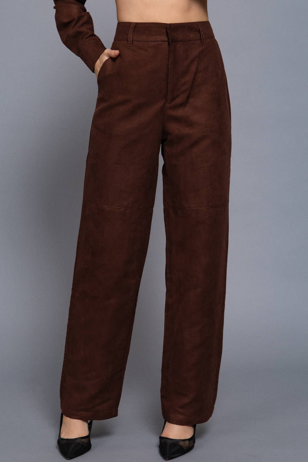 Faux Suede Straight Leg Woven Pants ~ Dark Brown