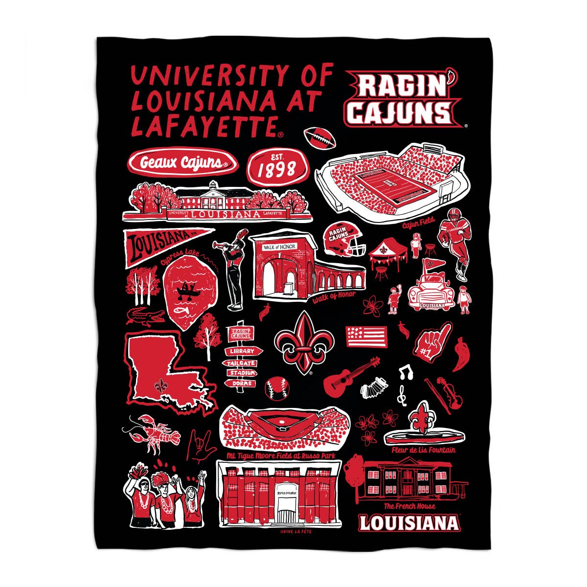 Louisiana At Lafayette Hand Sketched Minky Blanket