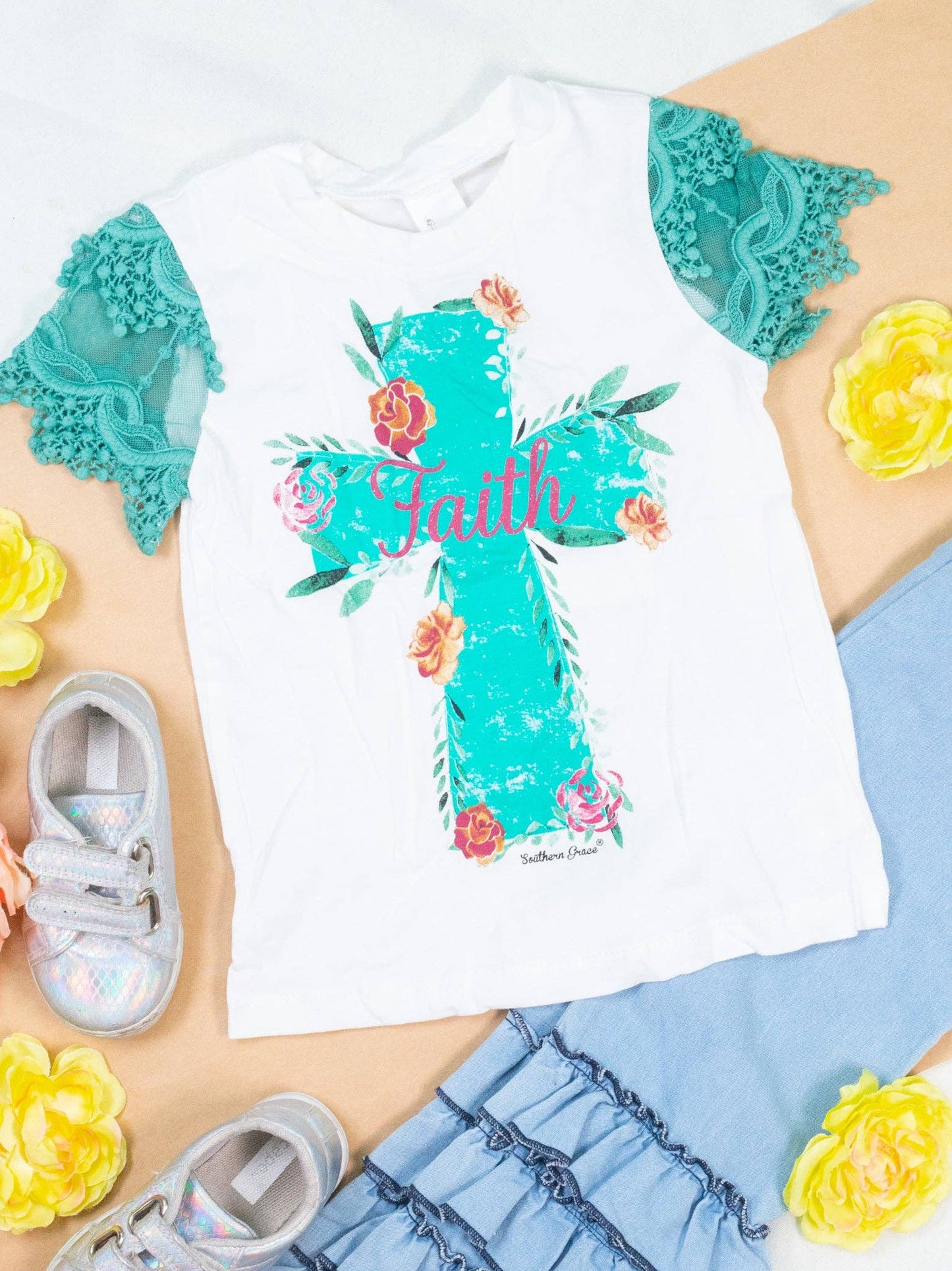 Girls Faith Cross Lace Short Sleeve