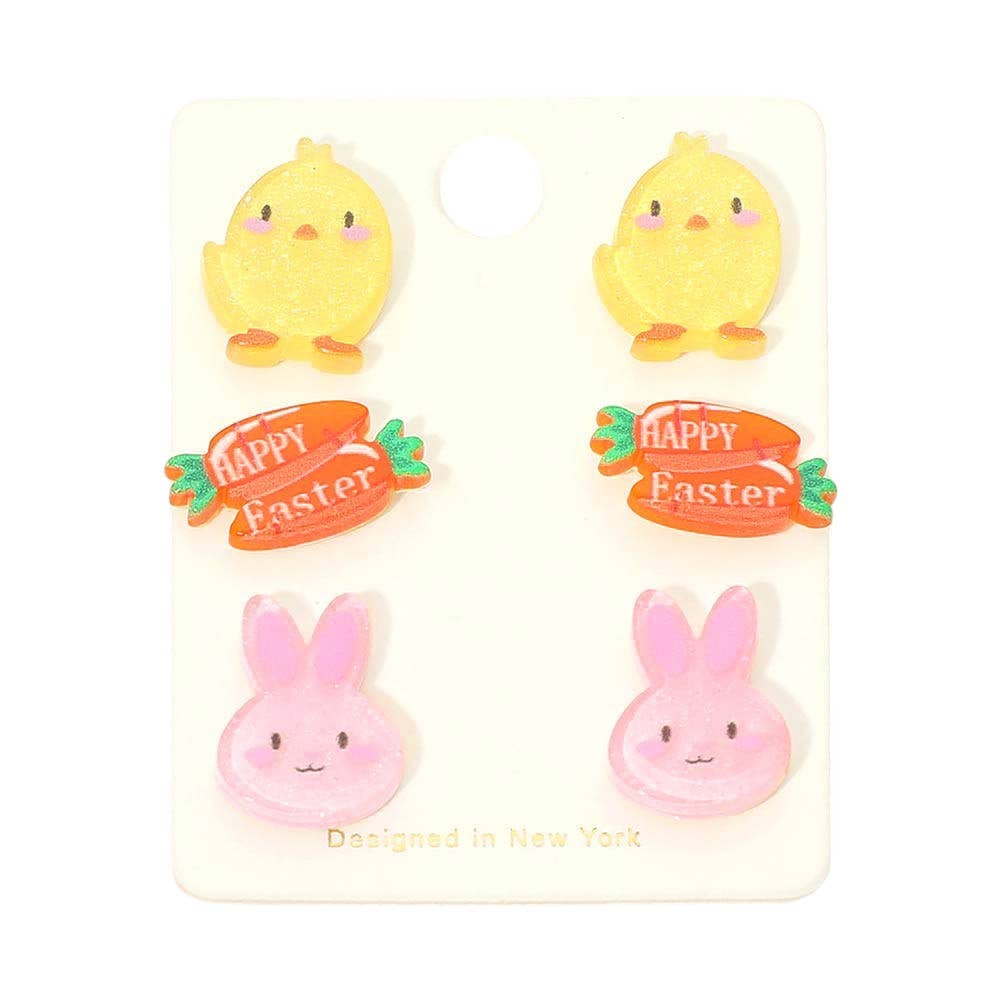 3Pairs - Easter Chick Carrot Bunny Stud Earring Set