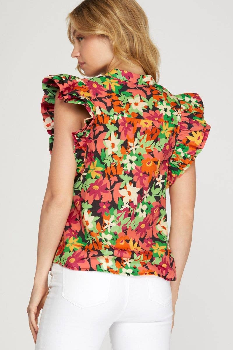 BLACK FLORAL FLUTTER SLEEVES BUTTON-UP TOP