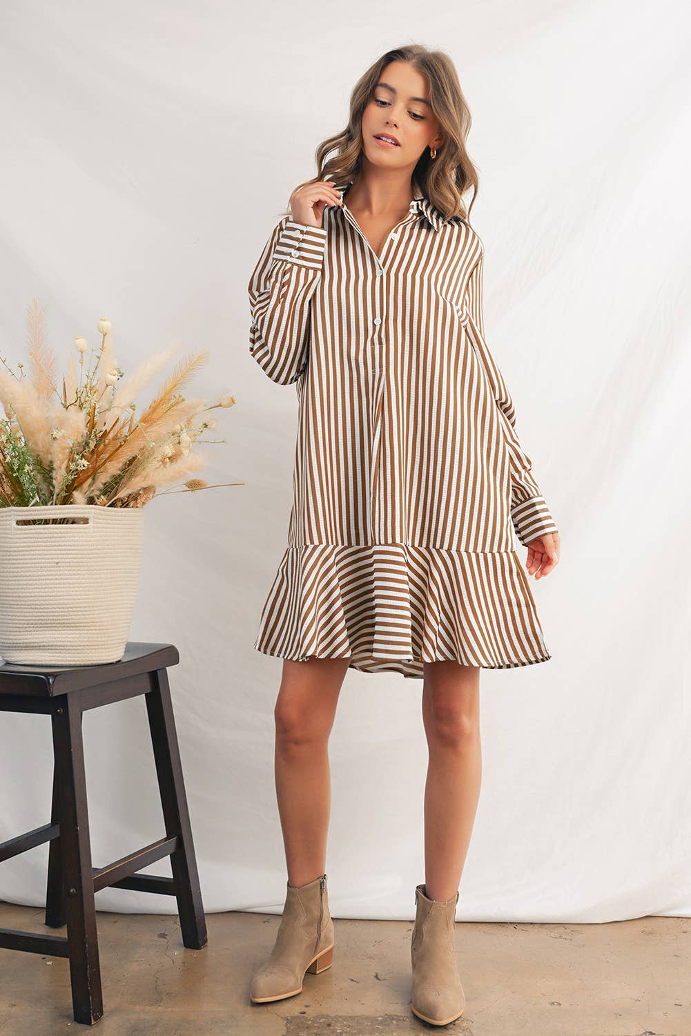 Stripe Ruffled Collared Long Sleeve Shirt Dress