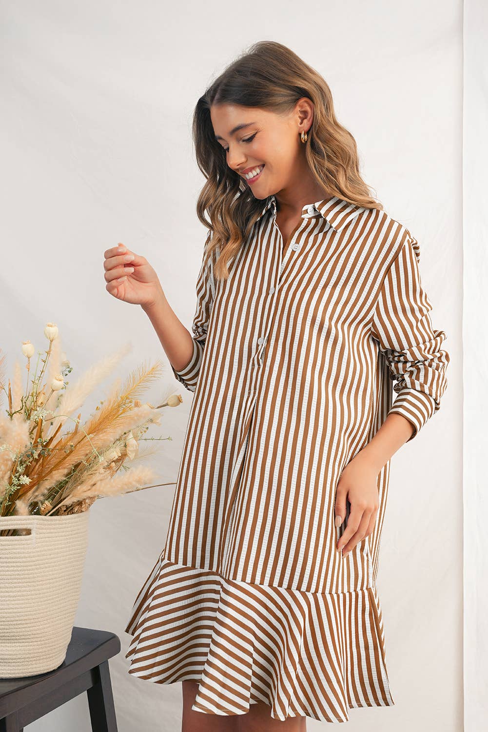 Stripe Ruffled Collared Long Sleeve Shirt Dress