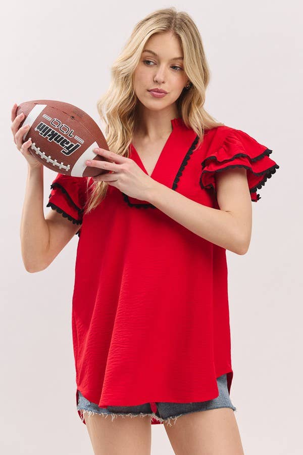 Game day Ruffle Sleeve Scallop Trim Top