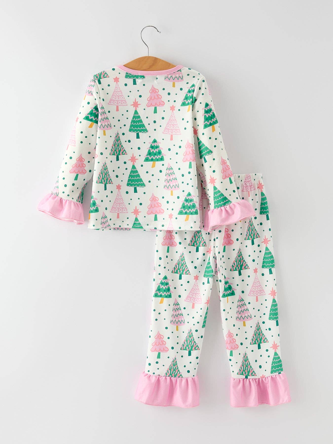 Pink Christmas Tree Ruffles Girls Pajamas