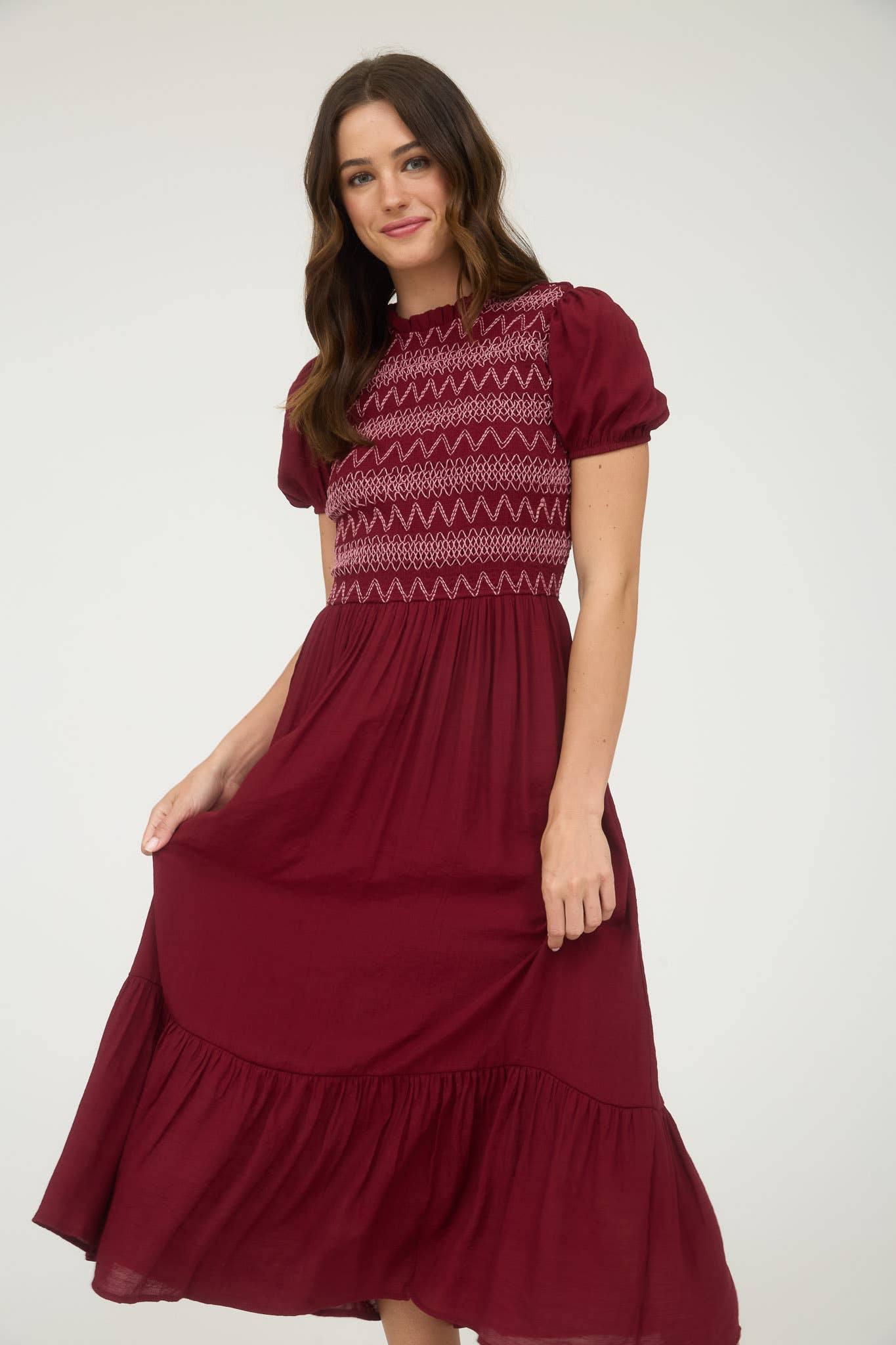 CONTRAST SMOCKED DETAIL PUFF SLEEVE MIDI DRESS