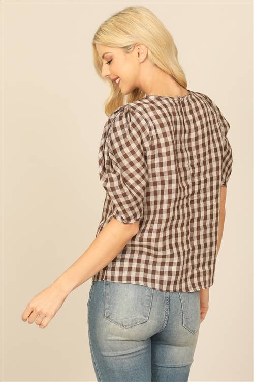 Plaid Half Puff Sleeve Top