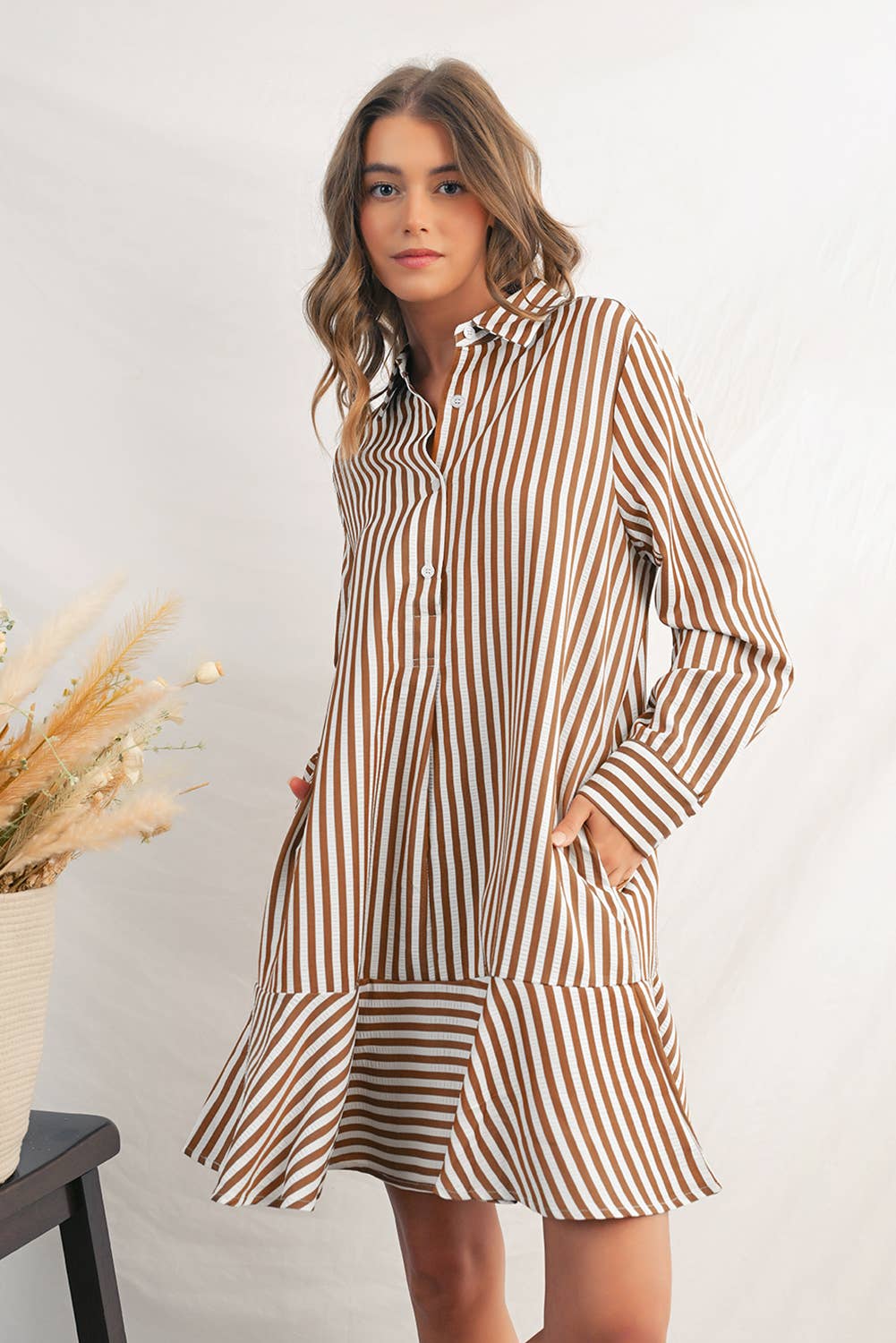 Stripe Ruffled Collared Long Sleeve Shirt Dress