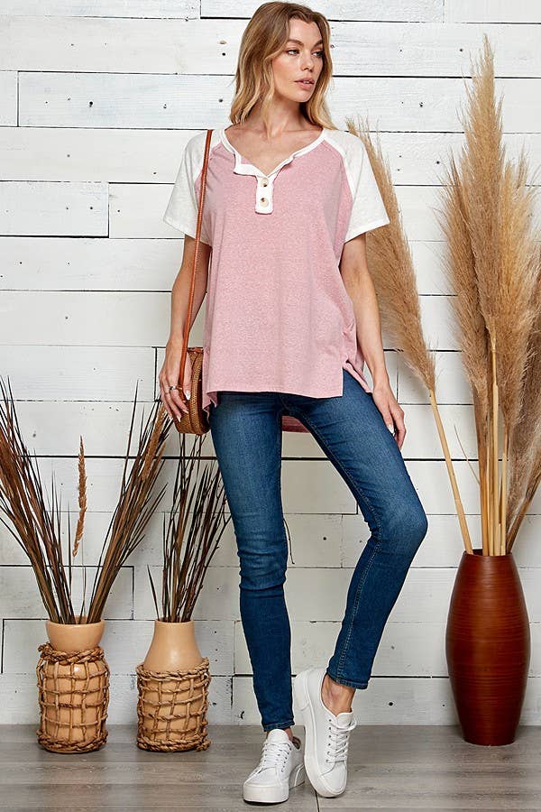 WOMEN SOLID SHORT SLEEVE SLIT CUT TOP WITH BUTTONS