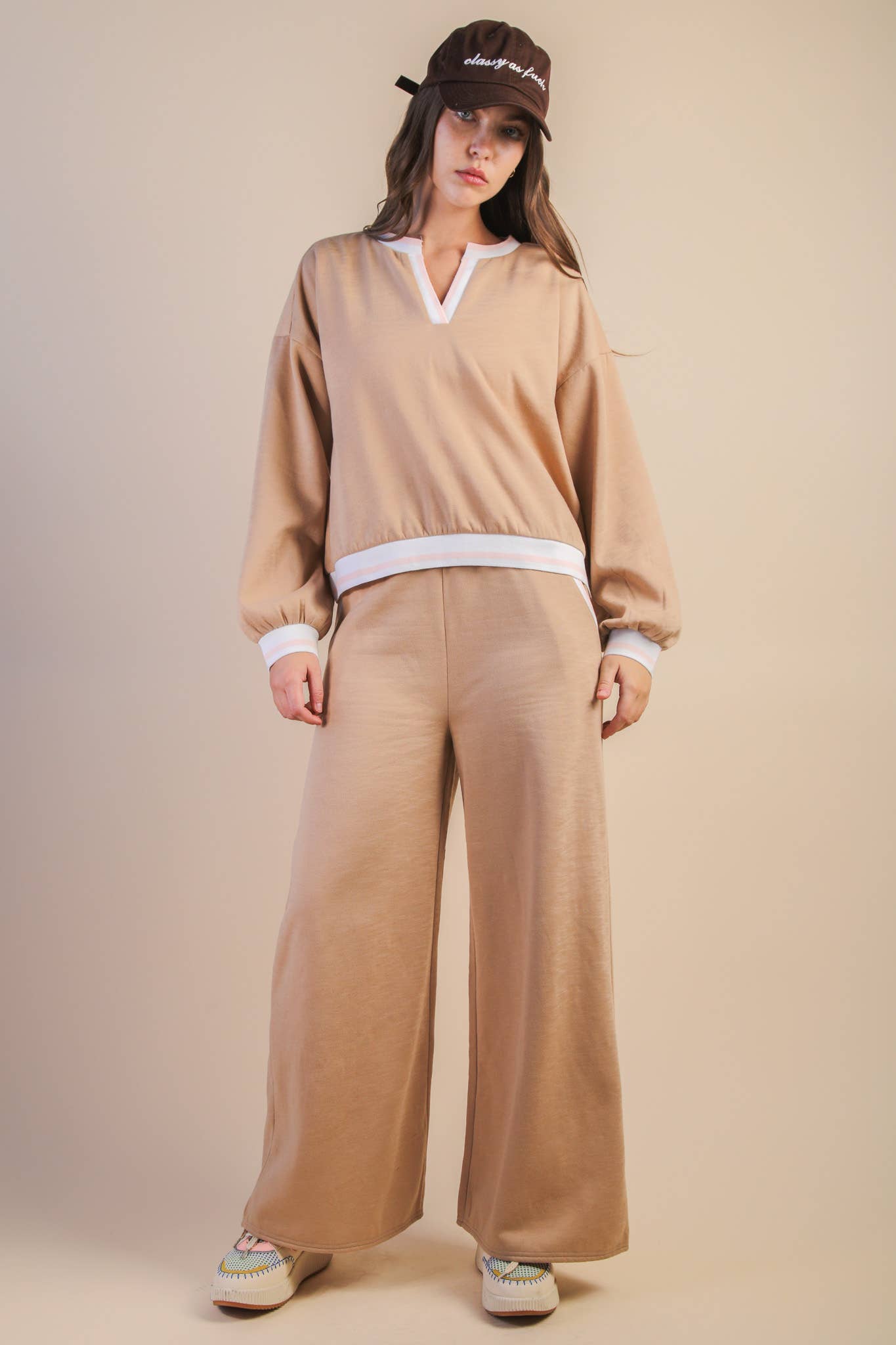 Color Block Band Detail Comfy Knit Top & Pants Set