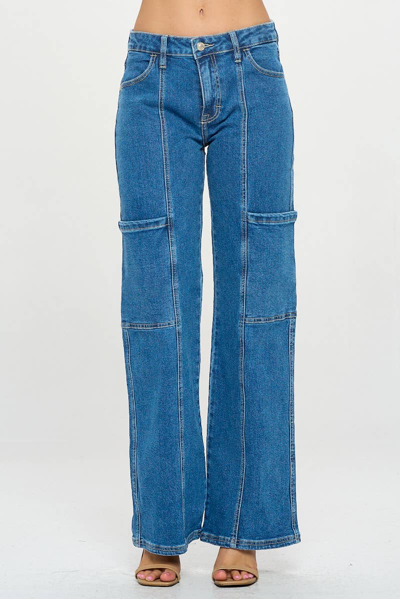 - Medium Wash - Mid Rise Cargo Wide Leg Jeans