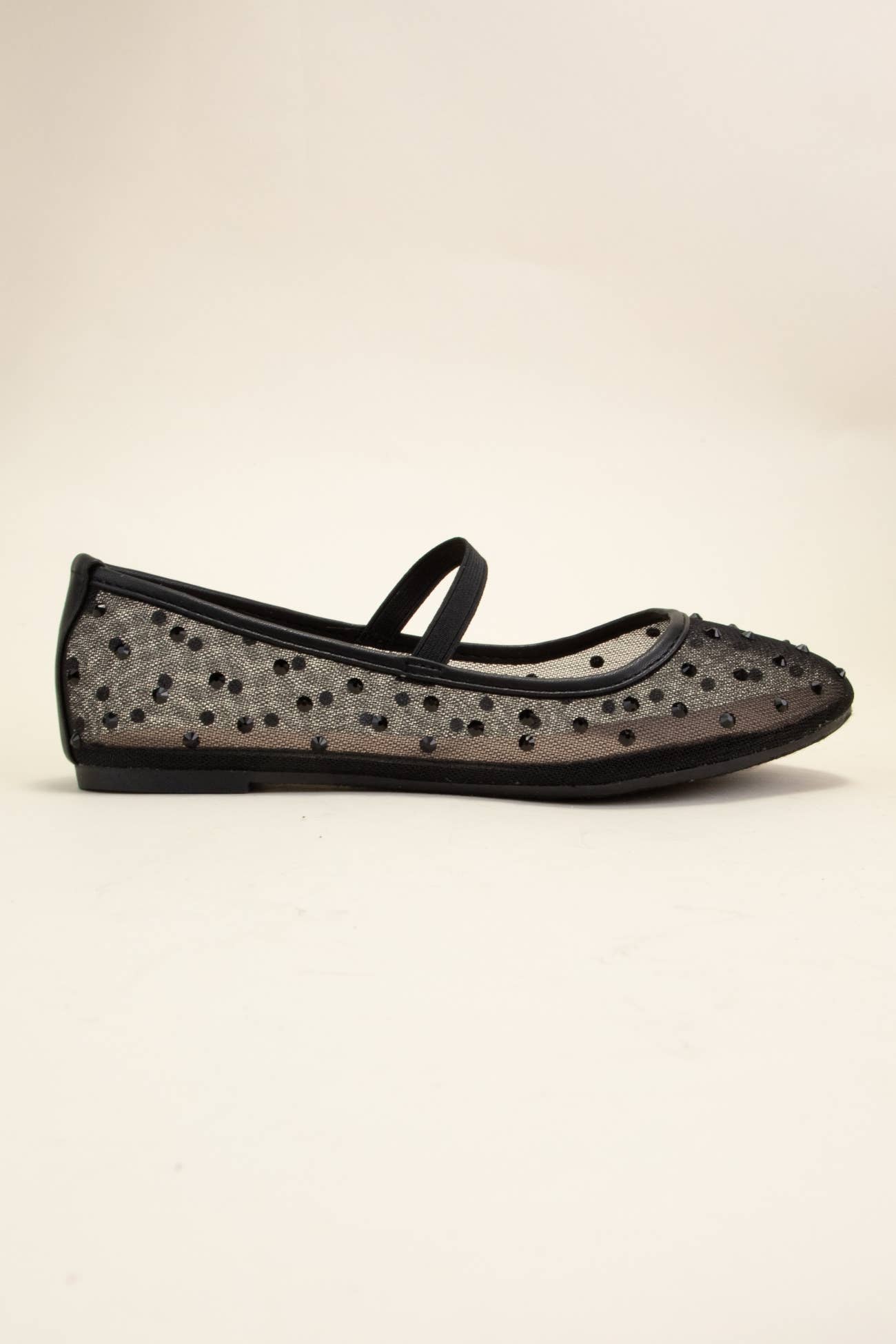 RHINESTONE EMBELLISHED MESH MARY JANE FLATS ~ Black