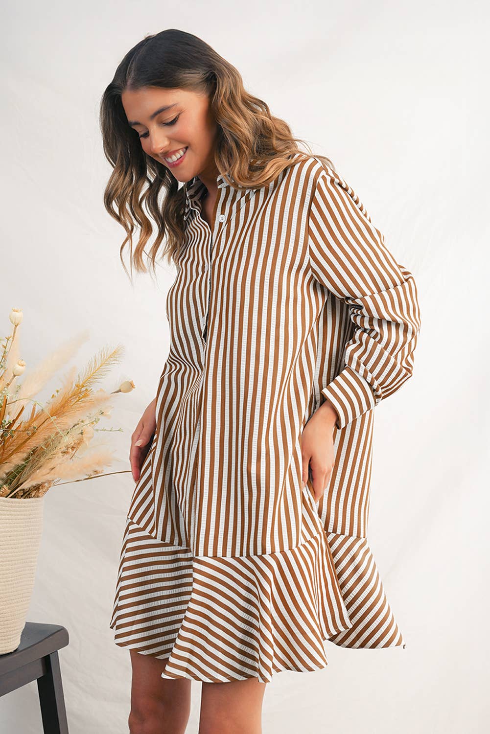 Stripe Ruffled Collared Long Sleeve Shirt Dress