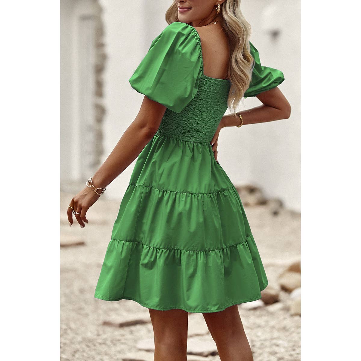 Square Neck Ruched Balloon Sleeve Smocked Midi Dress