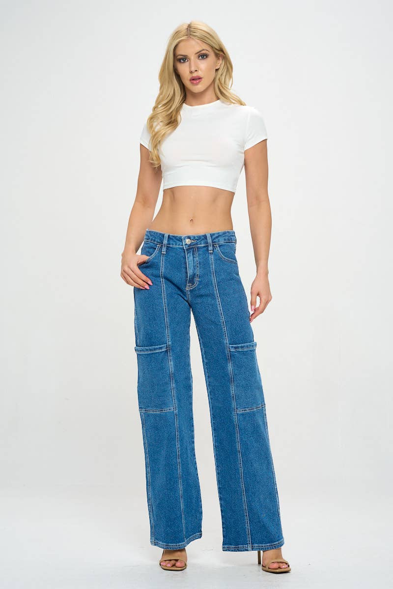 - Medium Wash - Mid Rise Cargo Wide Leg Jeans