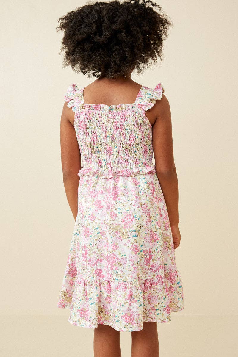 Girls Floral Print Ruffled Smocked Flutter Tank Dress
