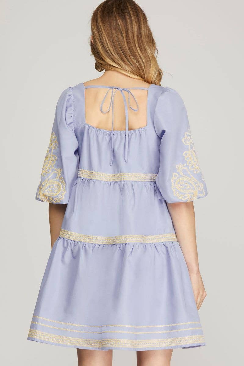 Lilac Blue Embroidered Puff Sleeve Tiered Mini Dress