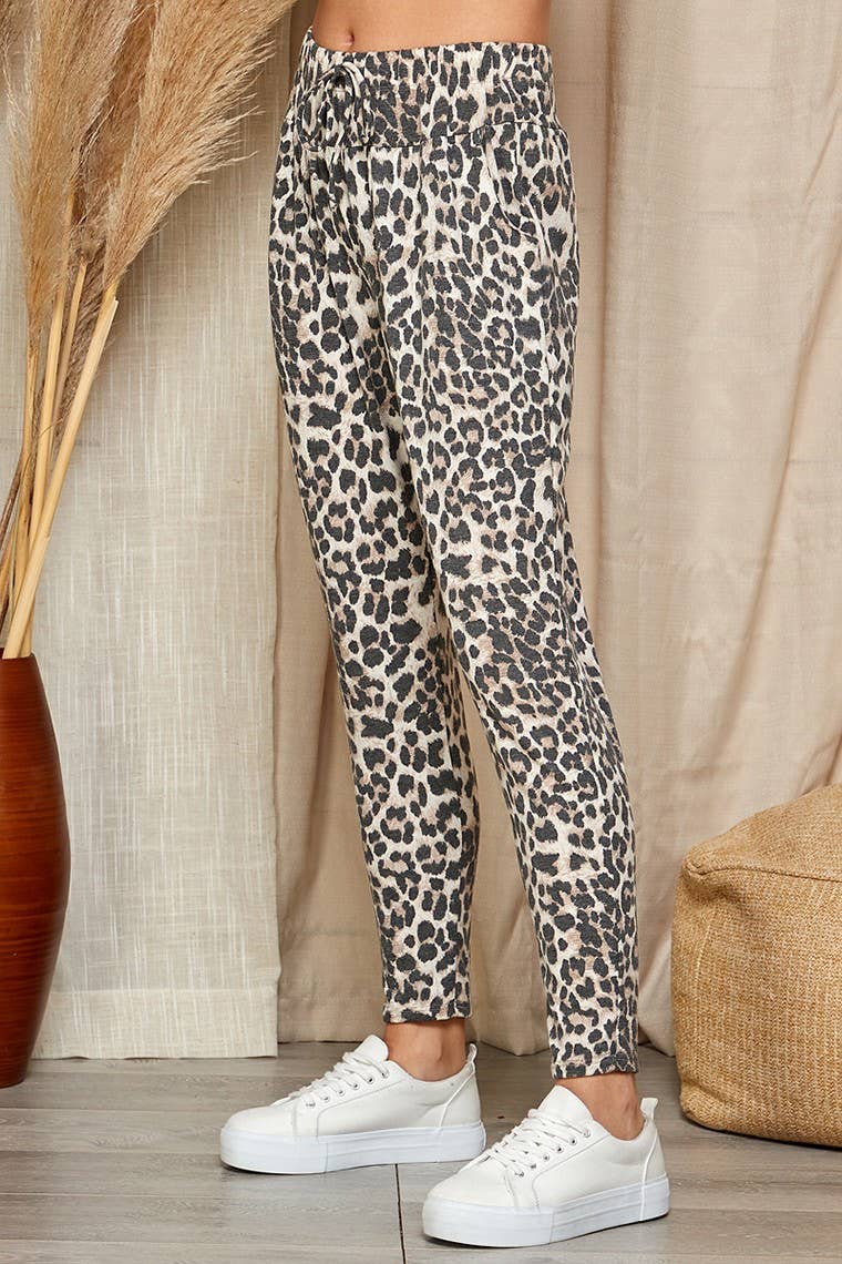 WOMEN LEOPARD DRAWSTRING SWEAT PANTS