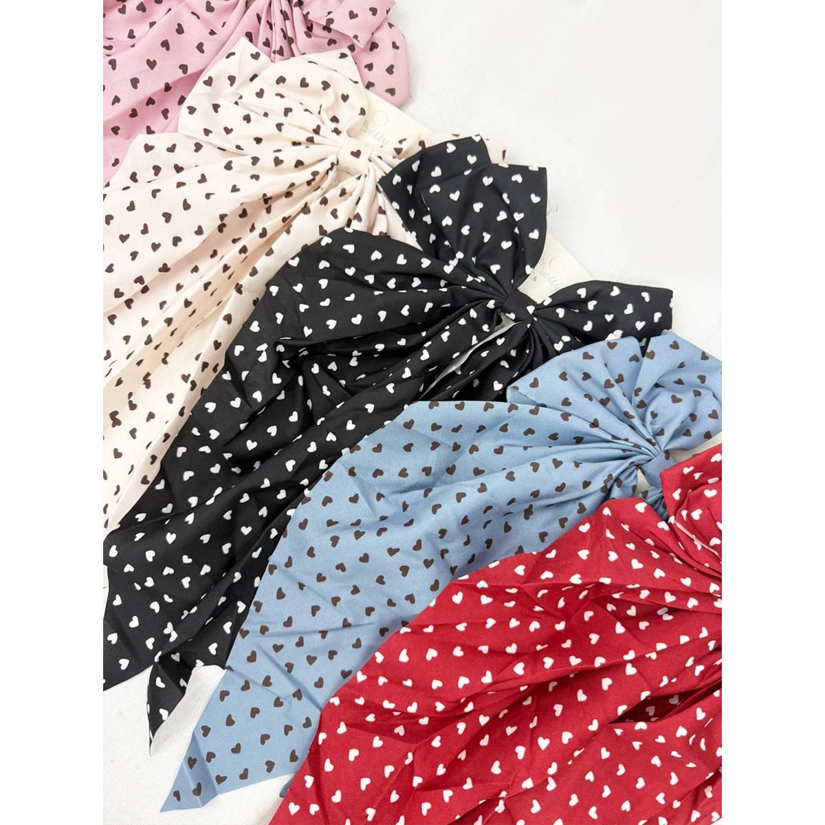 Heart Print Long Tail Satin Hair Bow Clip