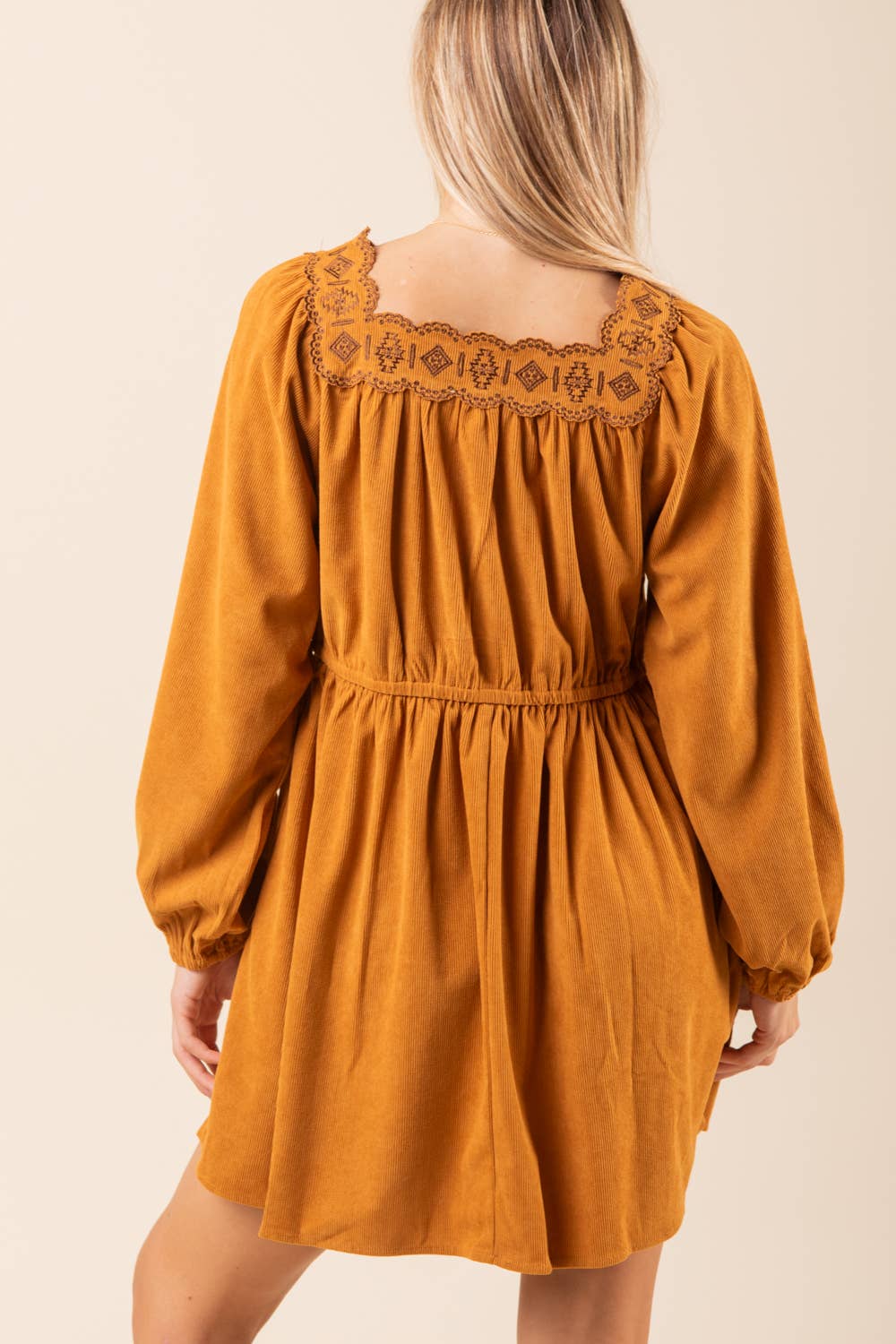 Embroidery Square Neck Corduroy Mini Dress