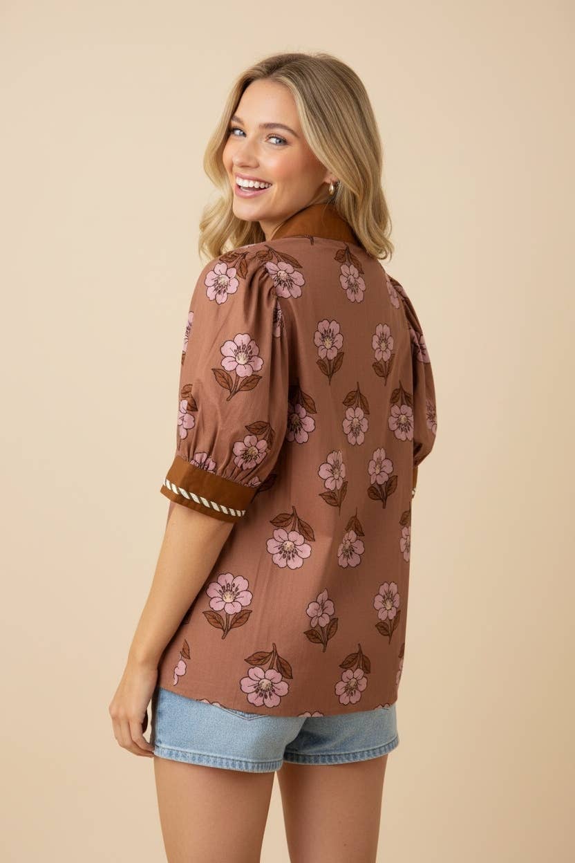 Floral Puff Sleeve Split Neck Blouse