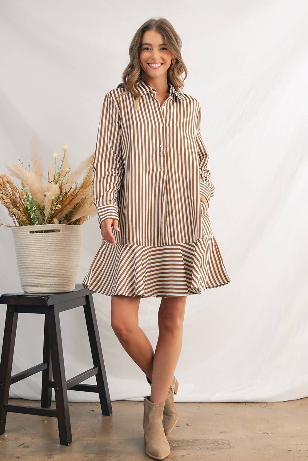 Stripe Ruffled Collared Long Sleeve Shirt Dress