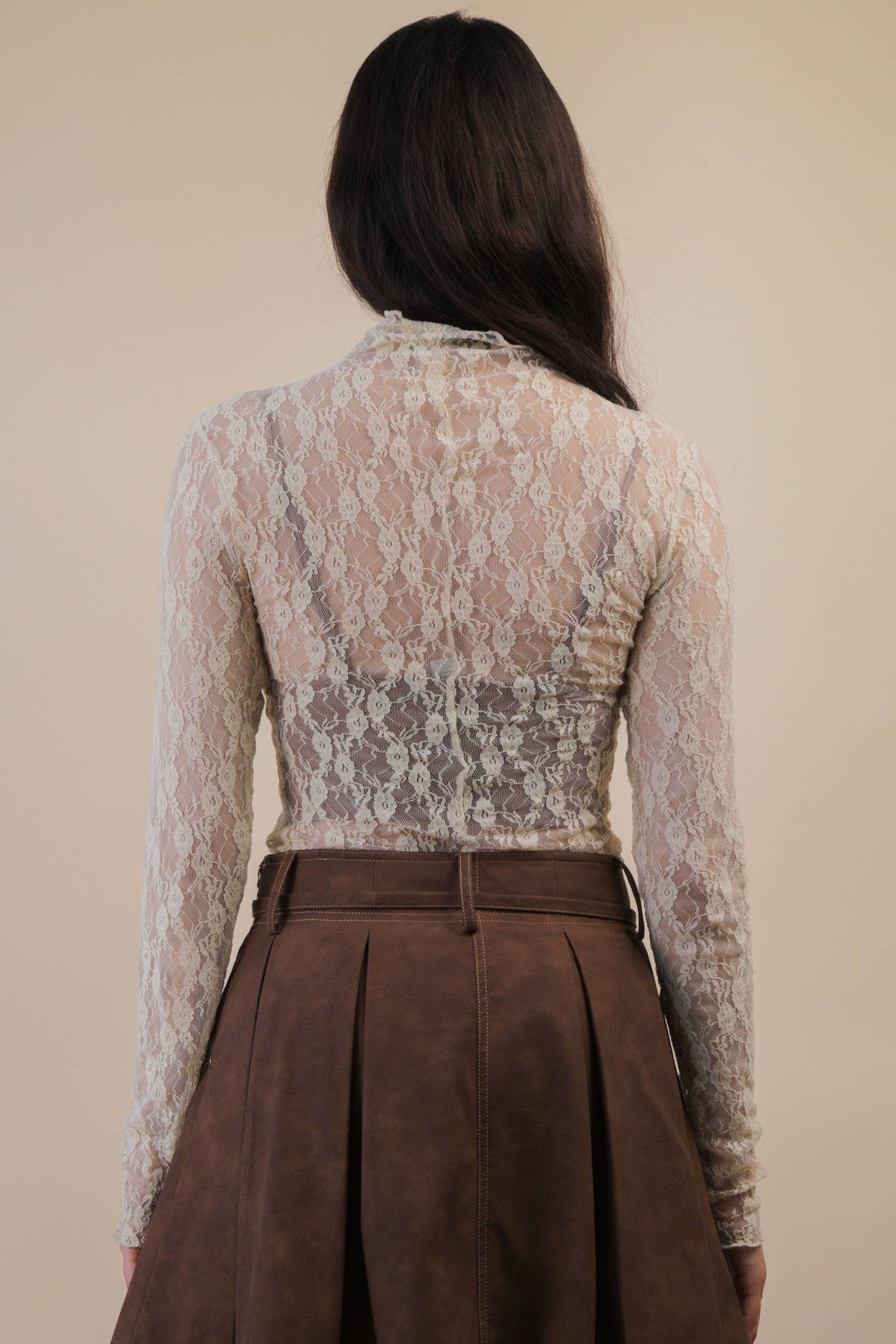 High Neck Fitted Sheer Mesh Lace Knit Top ~ Champagne