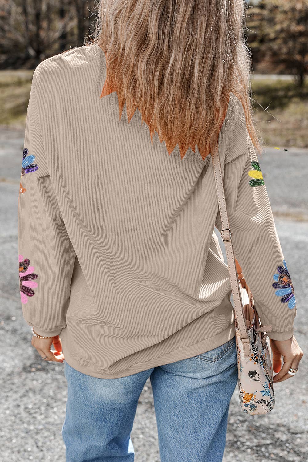 Sequin Turkey Patch Thanksgiving Corduroy Sweatshirt