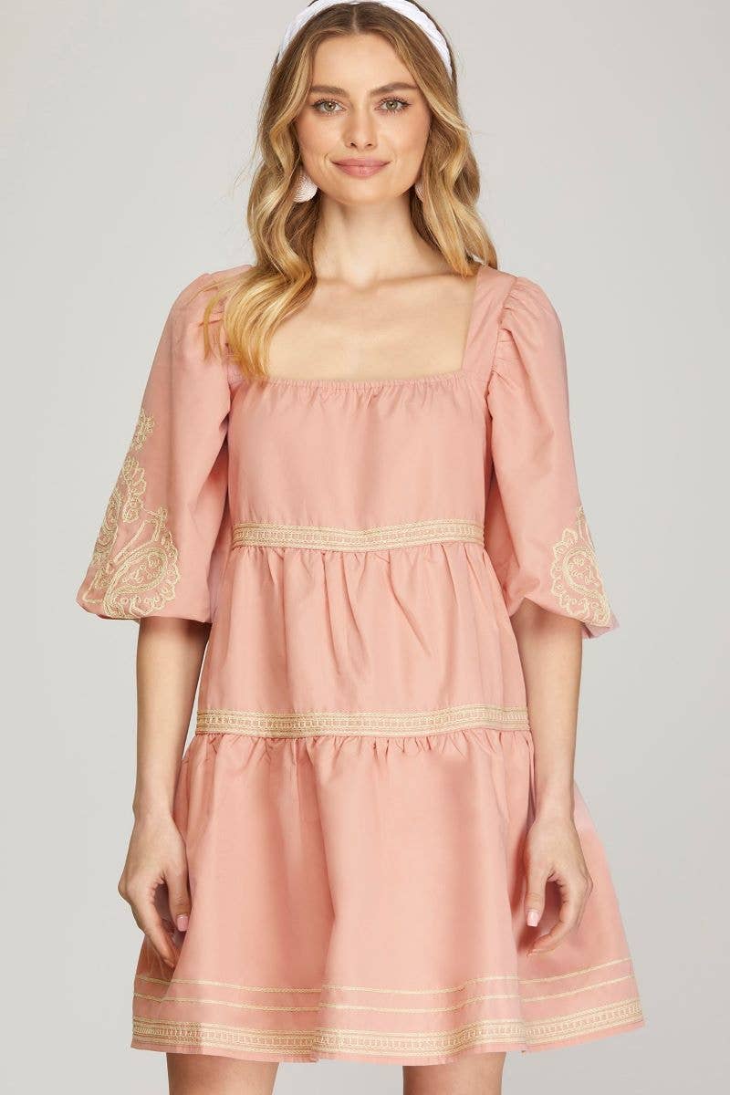ROSE EMBROIDERED PUFF SLEEVES TIERED WOVEN MINI DRESS