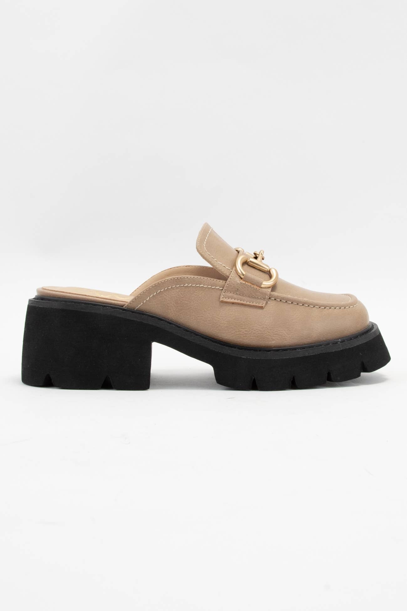 LYNN Chunky Lug Sole Loafer Mules with Horsebit Chain Detail