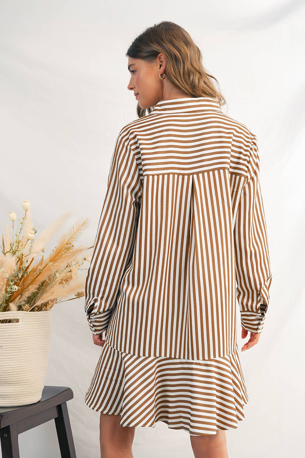 Stripe Ruffled Collared Long Sleeve Shirt Dress