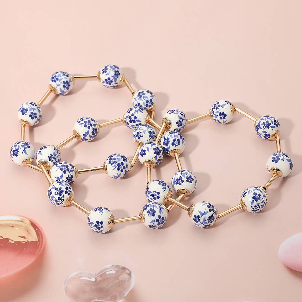 3PCS - Floral Ceramic Ball Beaded Stretch Multi Layered Bracelets