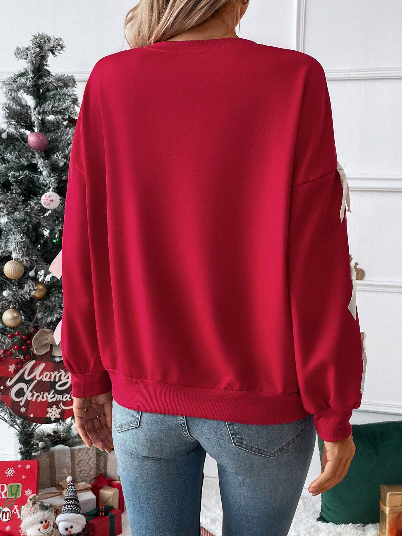 Christmas Bow Sleeve Round Neck Long Sleeve Sweatshirtp