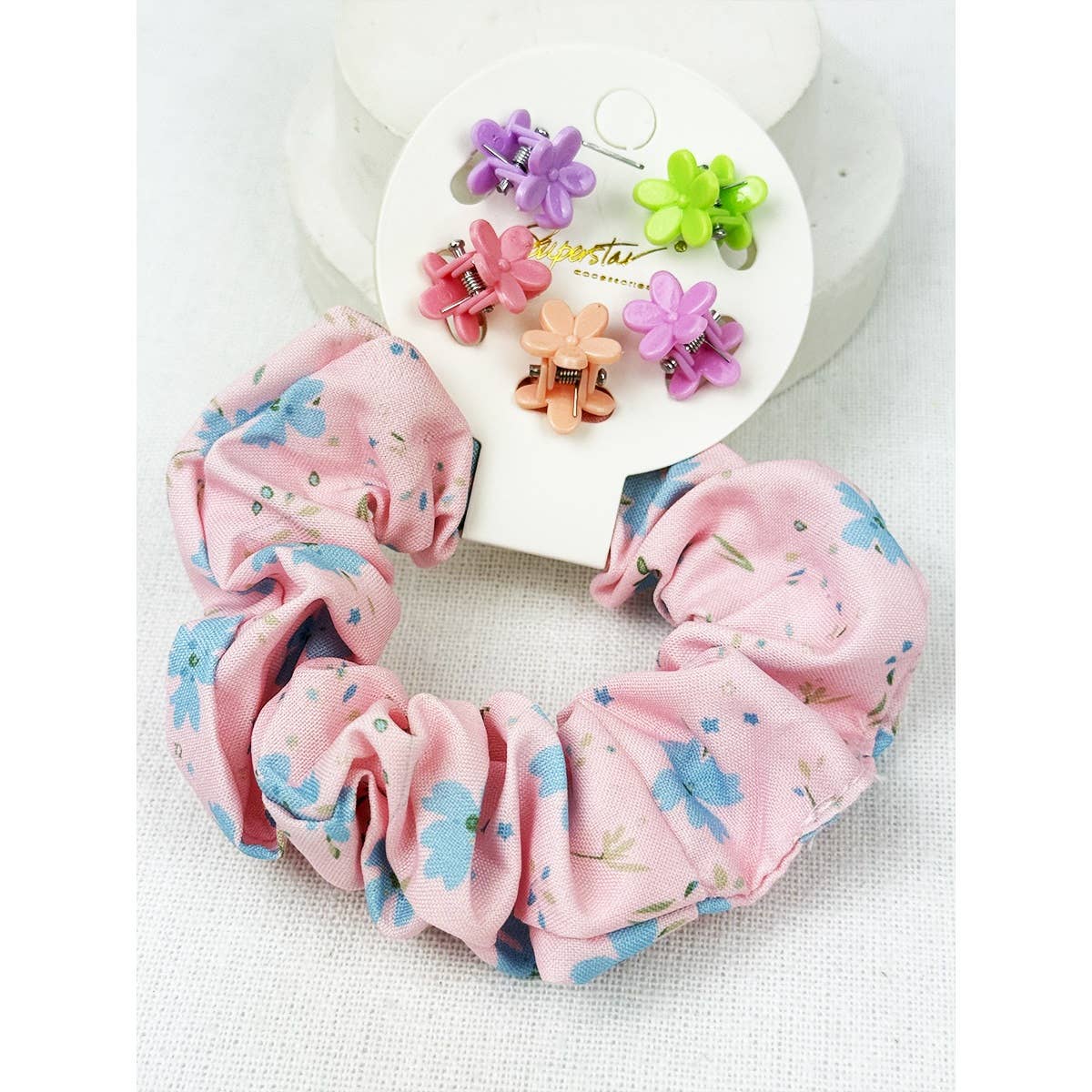 Kids Flower Theme Scrunchie and Mini Clip Set