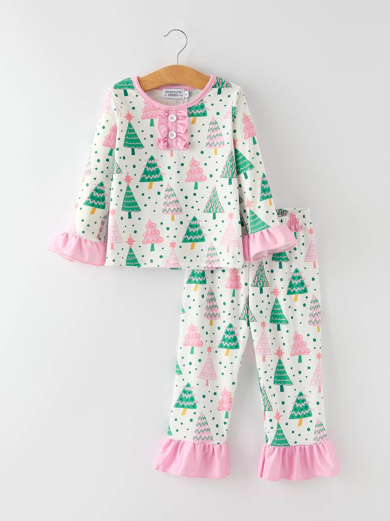 Pink Christmas Tree Ruffles Girls Pajamas