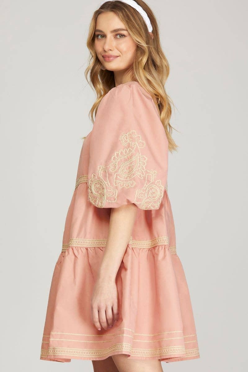 ROSE EMBROIDERED PUFF SLEEVES TIERED WOVEN MINI DRESS