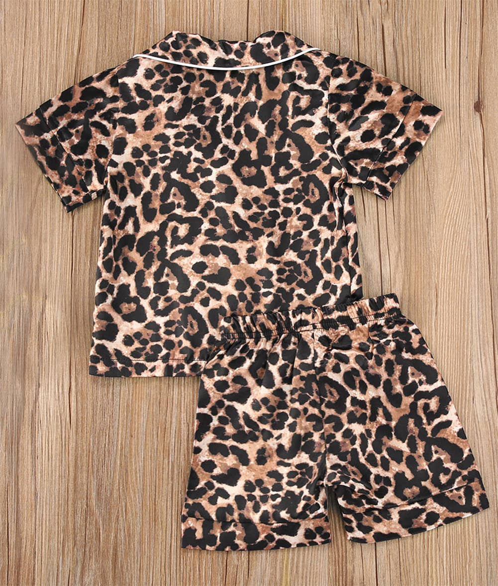 Brown Leopard Short Sleeve Girl 2pcs Pajamas Set