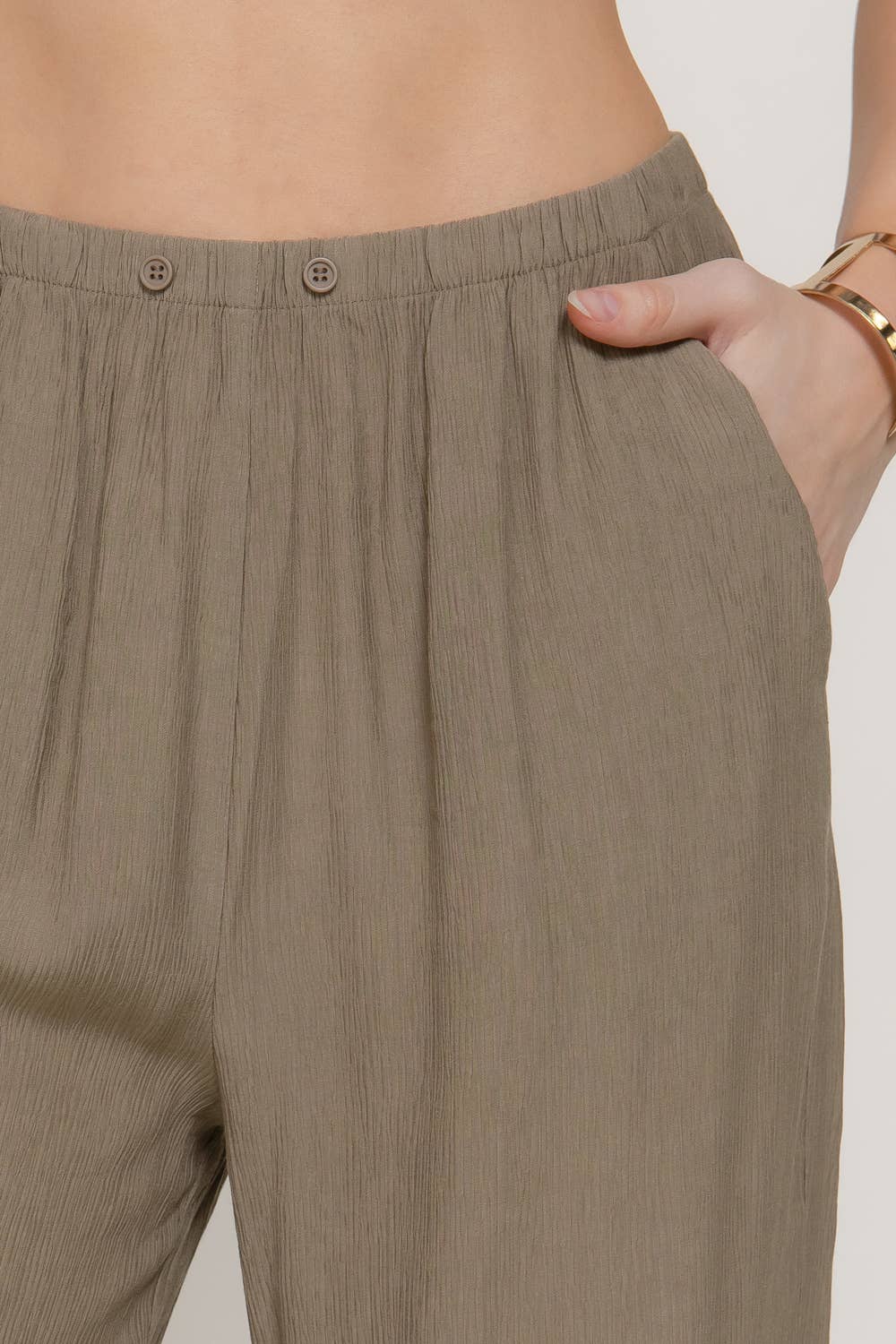 Elastic Waistband Crinkle Woven Long Pants