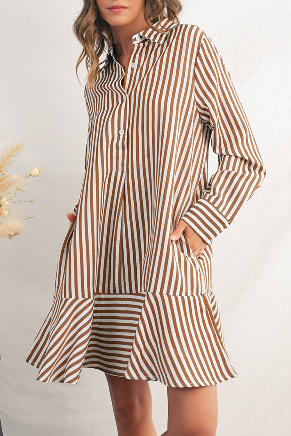 Stripe Ruffled Collared Long Sleeve Shirt Dress