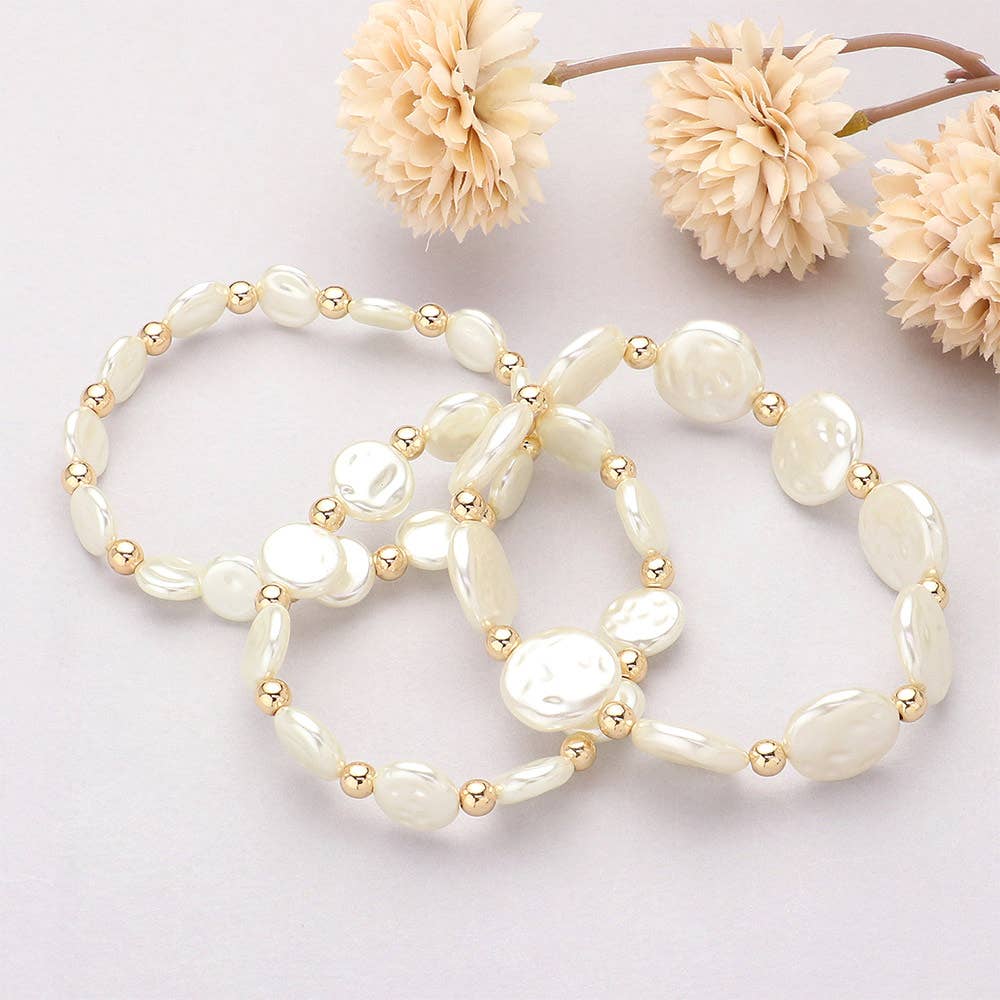 3PCS - Pearl Disc Beaded Stretch Multi Layered Bracelets