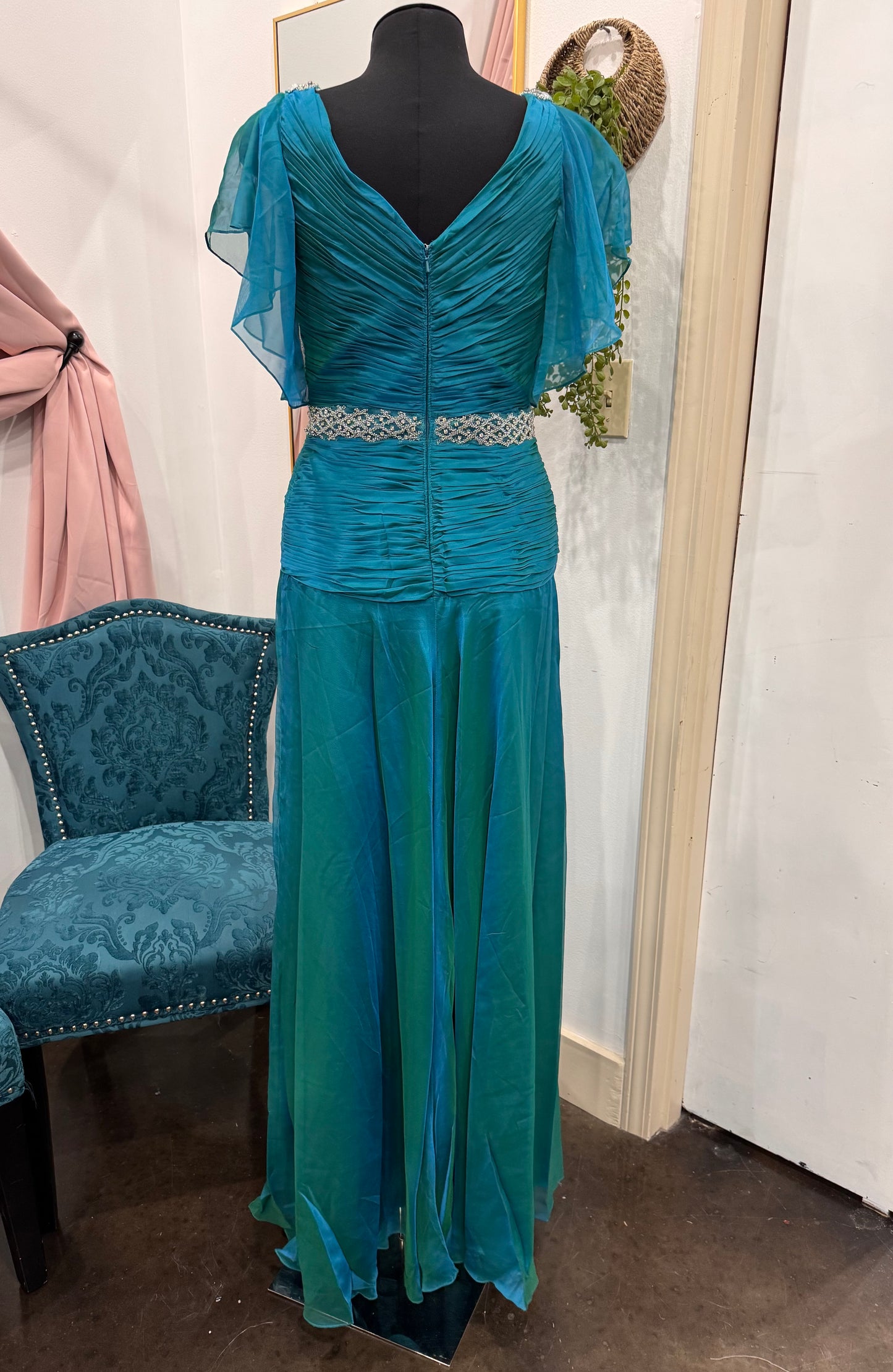 Teal Ruched Bodice and Beaded Waistband Bridal Dress ~ Medium