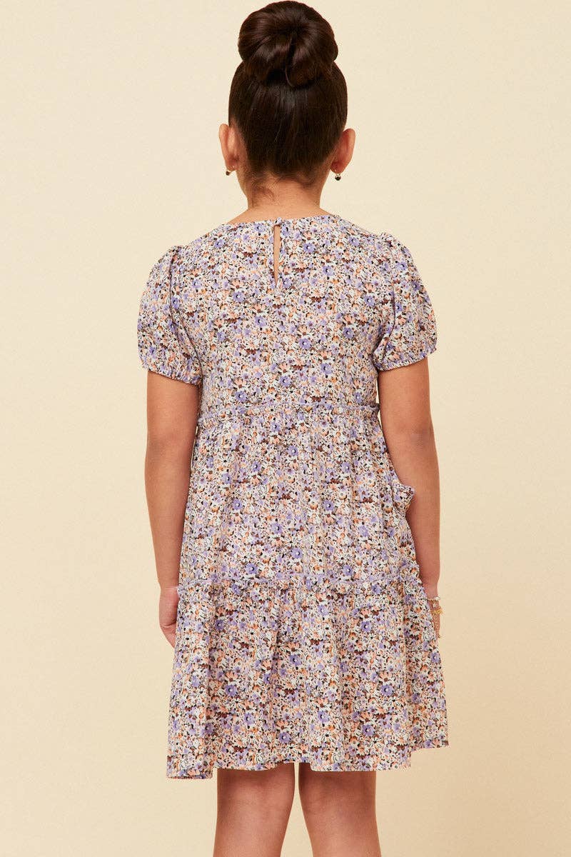 Girls Ditsy Floral Tiered Puff Sleeve V Neck Dress