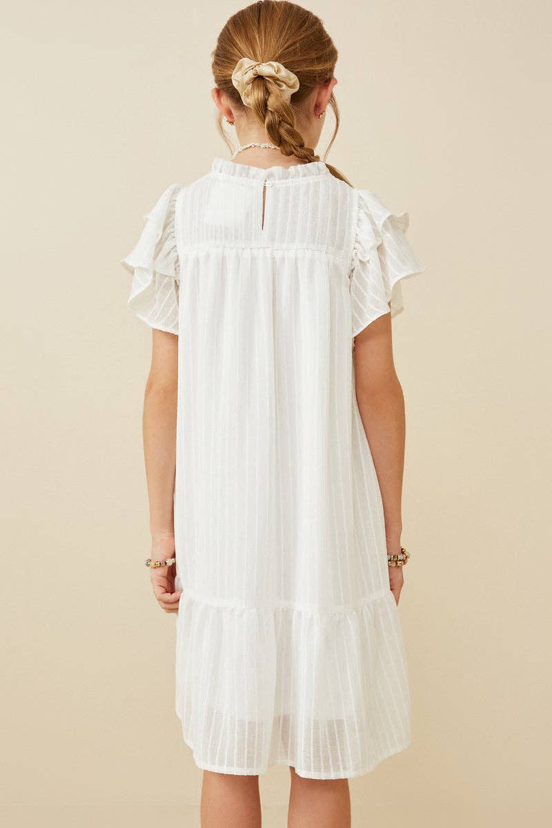 Girls Texture Striped Ruffle Sleeve V Neck Dress