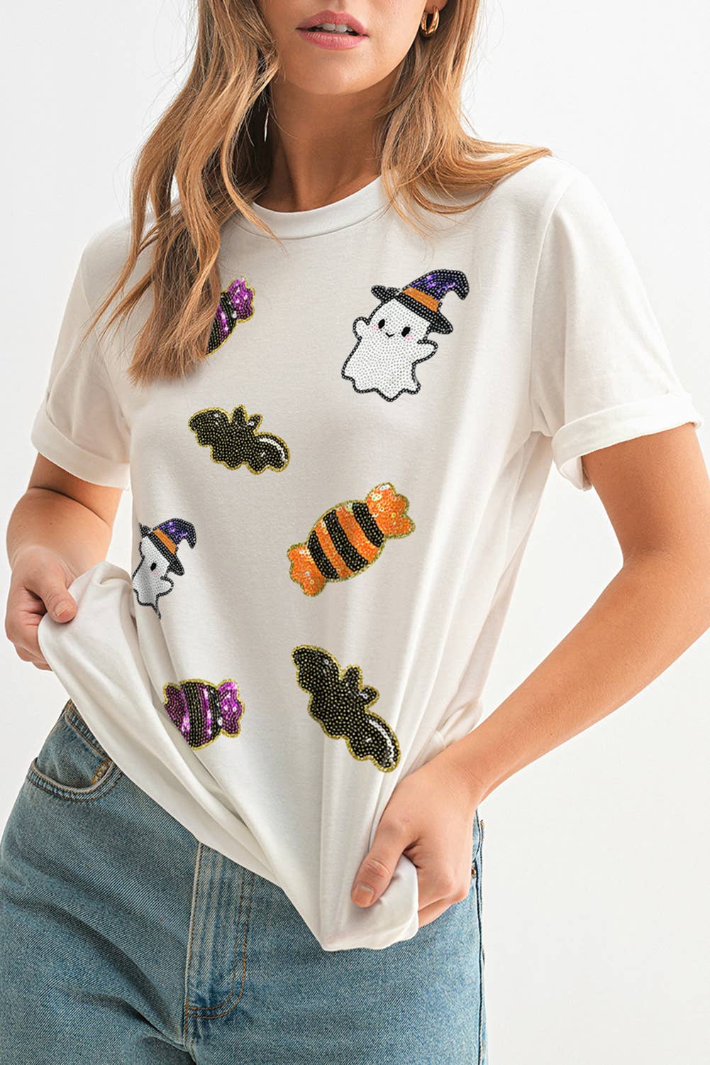 Sequined Halloween Spirit Patch Graphic T-Shirt