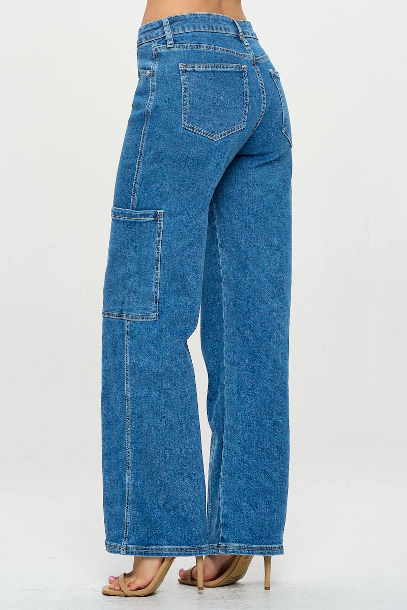 - Medium Wash - Mid Rise Cargo Wide Leg Jeans