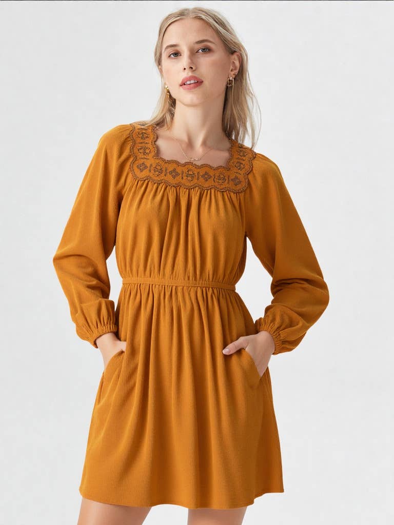 Embroidery Square Neck Corduroy Mini Dress