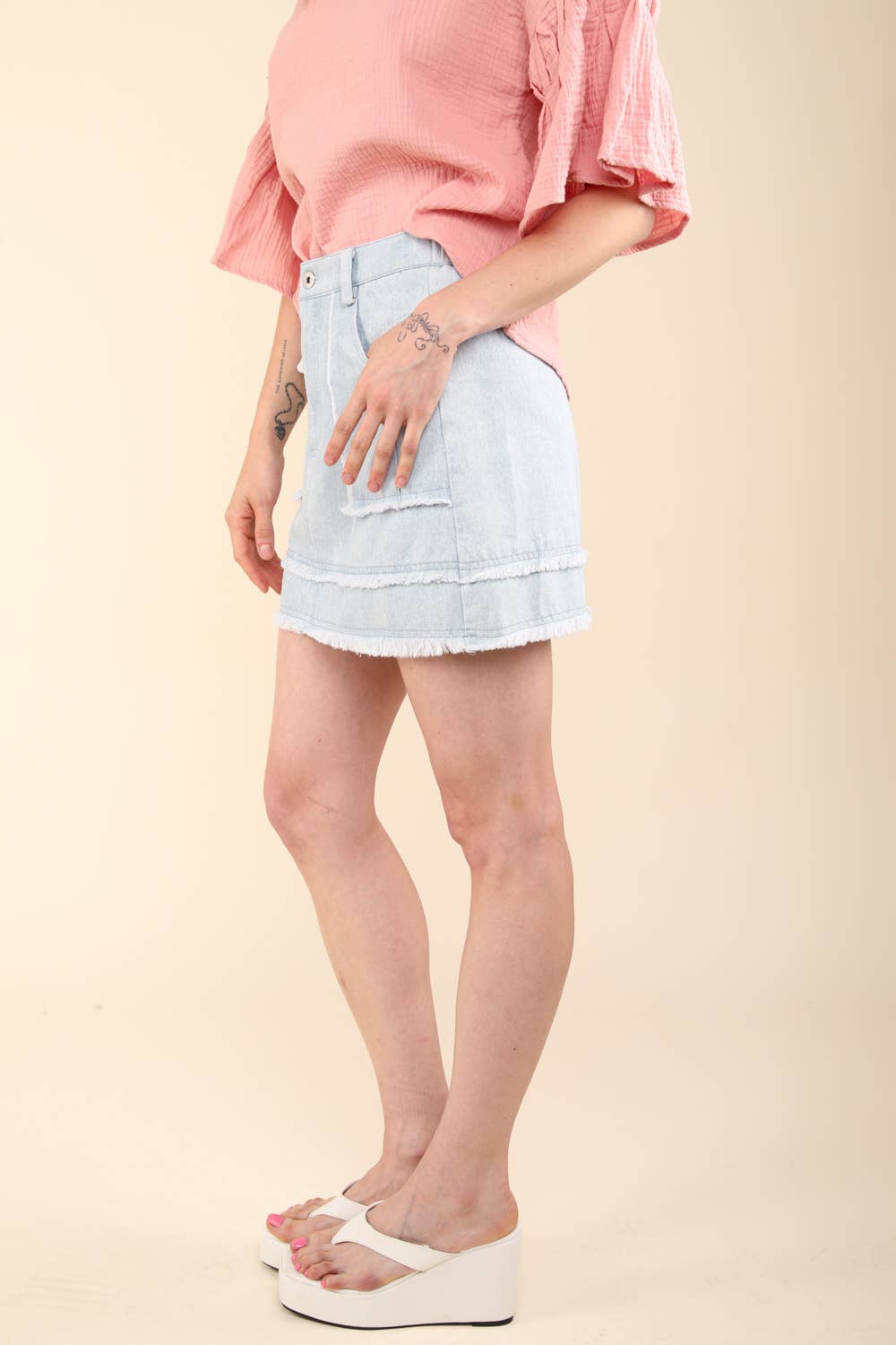 Washed Denim Frayed Hem Mini Skirt