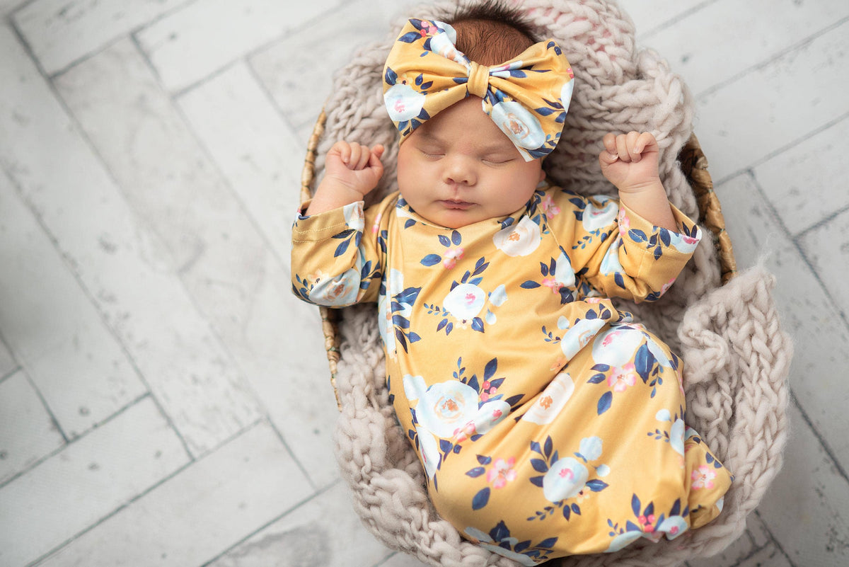 Infant Girls Mustard Baby Gown and Bow Headband (0-3M)