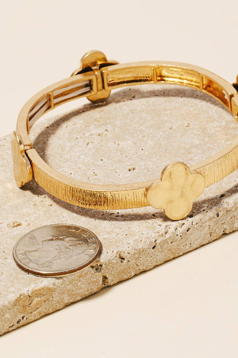 Textured Metallic Clover Charms Elastic Bangle Bracelet: WG