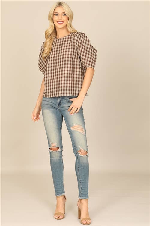 Plaid Half Puff Sleeve Top